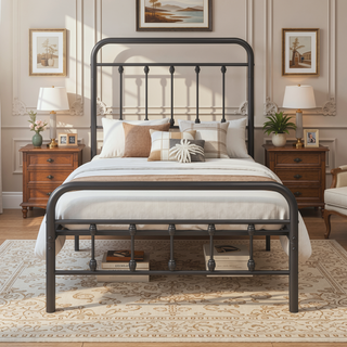 Sunvega Victorian Style Queen Size Metal Platform Bed Frame with Headboard and Under Bed Storage