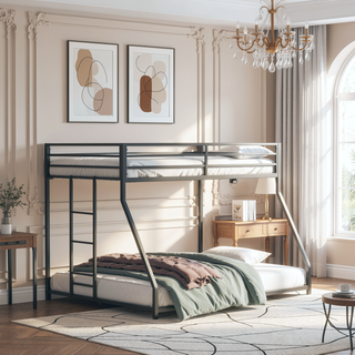 Sunvega Contemporary Twin Over Full Low Bunk Bed with Reversible Ladder in Matte Black