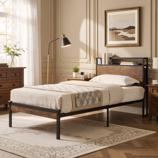 Sunvega Modern Twin Size Metal Platform Bed Frame with Wooden Headboard and USB LINER