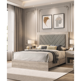 Sunvega Contemporary Cream California King Size Bed with V-Design Headboard