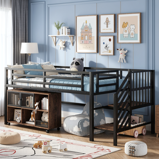 Sunvega Low Twin Metal Loft Bed with Stairs and 6 Rolling Storage Cubbies for Kids