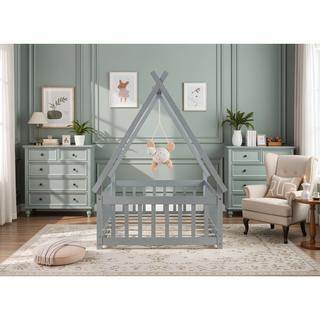 Sunvega Twin Tent Teepee Bed with Guardrails Slats and Door in Grey