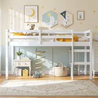 Sunvega Espresso Rubber Wood Low Height Loft Bed with Ladder for Bedroom