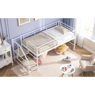 Sunvega Twin White Mid Loft Bed with Integrated Storage Stairs and Metal Frame