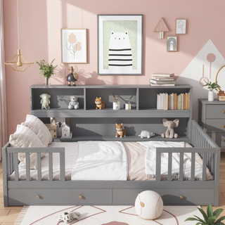 Sunvega Twin Floor Bed with Bedside Bookcase Guardrails and Shelves in Grey