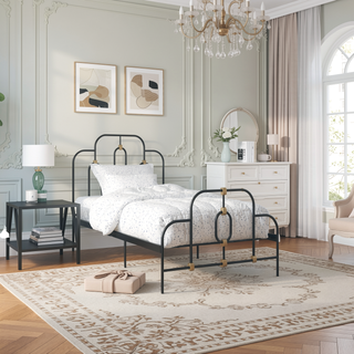 Sunvega Vintage Whimsical Metal Bed with Gold Detailing and Adjustable Base Height