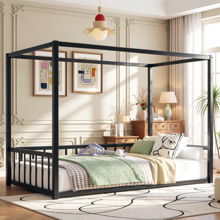 Sunvega Twin Size Modern Low-Profile Floor Bed Frame with Multi-Sided Fence Guardrails