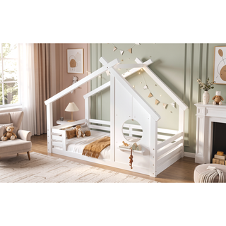 Sunvega White Twin House Floor Bed with Window and Shelf for Kids Room