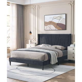 Sunvega Light Brown Queen Size Upholstered Burlap Fabric Headboard Platform Bed
