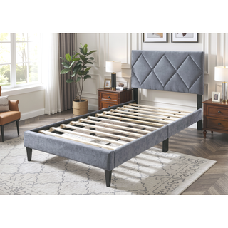 Sunvega Adjustable Velvet Upholstered Twin Bed with 12 Slat Support System