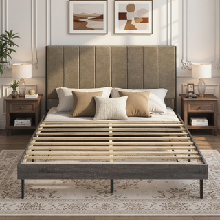 Sunvega Brown and Weathered Grey Upholstered Queen Bed with Rustic Platform Design