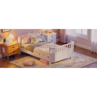 Sunvega White Twin Wood Platform Bed for Kids with Safety Rails and Low Profile