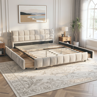 Sunvega Queen Size Upholstered Bed with Storage Drawers and Soft Chenille Headboard