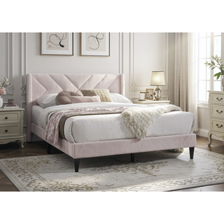 Sunvega Modern Light Pink Velvet Upholstered Queen Size Bed with Clean Lines Headboard