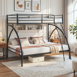 Sunvega Gray Metal Twin/Full Bunk Bed with Guard Rails and Ladder