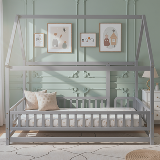 Sunvega Full Size Floor Wooden Bed with House Roof Frame and Fence Guardrails