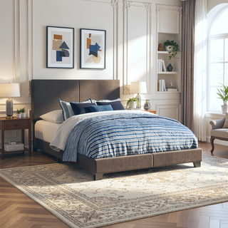 Sunvega Warwick Brown Upholstered Eastern King Panel Bed with Solid Wood Legs and Padded Frame