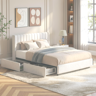 Sunvega Queen Size Ivory Boucle Upholstered Platform Bed with 4 Storage Drawers