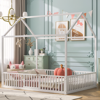 Sunvega White Twin Size Metal House Bed with Fence and Door for Kids