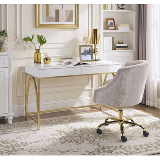 Sunvega White High Gloss Vanity Desk with Gold Finish and 2 Storage Drawers