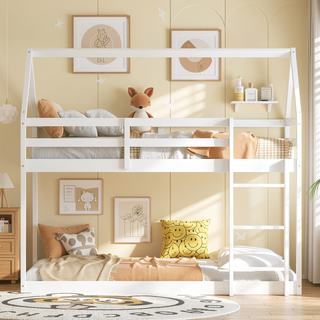 Sunvega Rubber Wood Twin over Twin Bunk Bed with Ladder and Guardrails