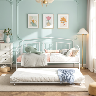 Sunvega Elegant White Twin Daybed with Trundle and Durable Metal Frame
