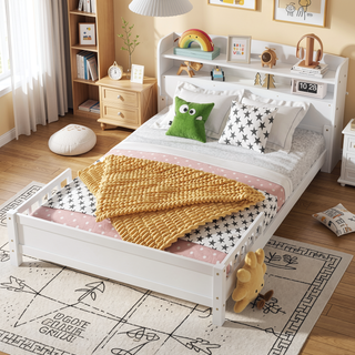 Sunvega Full Pine Wood Bed with Bookcase Headboard and LED Motion Sensor Light