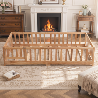 Sunvega Full Size Pine Wood Floor Bed with Safety Guardrails and Door