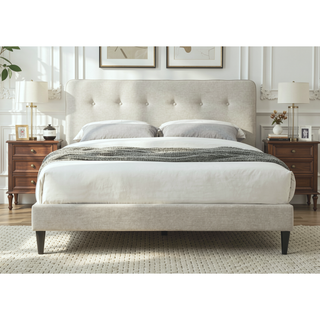 Sunvega Queen Upholstered Pleated Bed in a Box with Sturdy Dark Brown Frame
