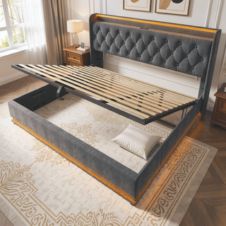 Sunvega Full Size Upholstered Bed with 360 LED Lighting Hydraulic Storage and USB Charging