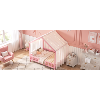 Sunvega Full Size House Bed with Canopy and High Railings for Kids Room