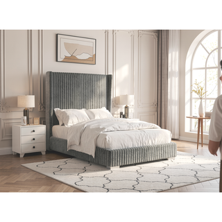 Sunvega Contemporary White Fur Chenille Fabric Mattress Ready Queen Size Bed