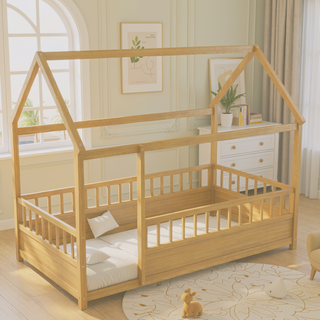 Sunvega Twin Size Floor Wooden Bed with House Roof Frame and Fence Guardrails