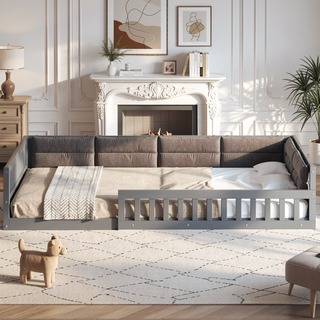 Sunvega Beige Full Size Upholstered Wood Platform Bed with Guardrail and Pillow