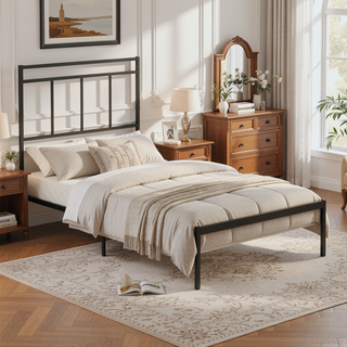 Sunvega Sleek Black Metal Twin Platform Bed with Headboard for Compact Spaces