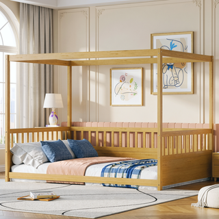 Sunvega Full Size Floor Bed with Canopy Design and Guardrails for Kids