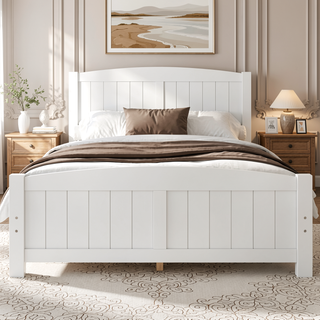Sunvega White Solid Wood Queen Platform Bed with Slats No Box Spring Needed