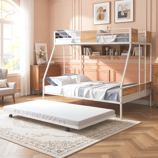 Sunvega Metal Twin over Full Bunk Bed with Trundle and Safety Guardrail