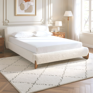 Sunvega Modern Puffy Platform Bed with Arched Headboard in Ivory White Boucle