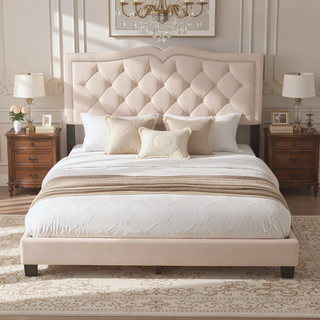 Sunvega Queen Size Upholstered Bed Frame with Tufted Velvet Headboard and Rivet Design