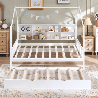 Sunvega Wooden Twin Size House Bed with Trundle and Playhouse Design Shelf