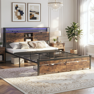 Sunvega Queen Size Metal Platform Bed Frame with Wooden Headboard and Footboard with USB Charging Station and 2 Drawers