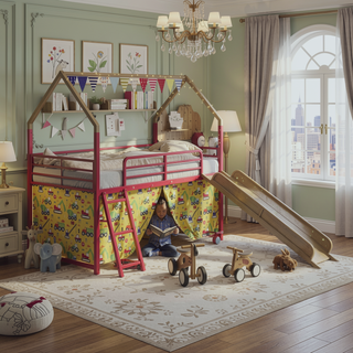 Sunvega Marvel Superhero Metal Twin Loft Bed with Slide and Curtain Set