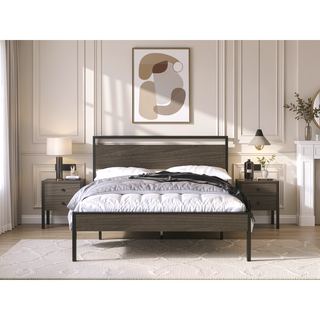 Sunvega Black Metal Bed with Walnut Wood Headboard and Footboard for Queen Size