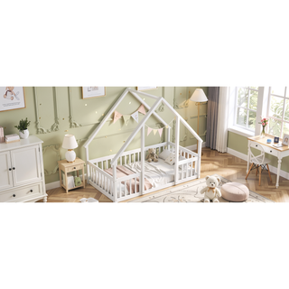 Sunvega Twin Wood House Floor Bed with Guardrail Fence in Grey