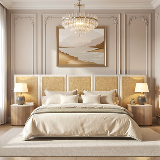 Sunvega Antique White Polyester Cane Platform Bed with Upholstered Headboard