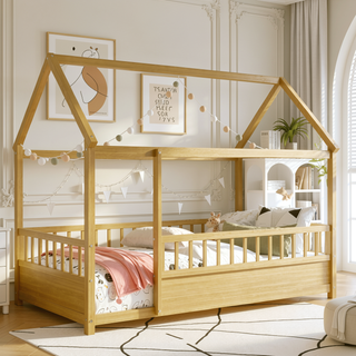 Sunvega Twin Size Floor Wooden Bed with House Roof Frame and Fence Guardrails
