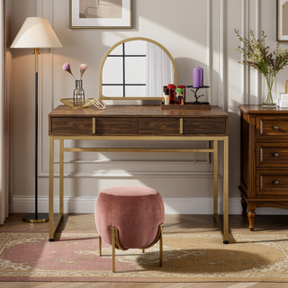 Sunvega White and Gold Vanity Desk with Mirror and Jewelry Storage Tray