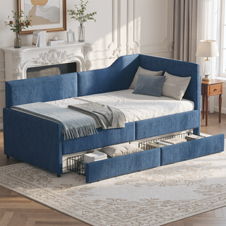 Sunvega L-Shaped Semi-Enclosed Upholstered Corduroy Daybed Frame with 2 Storage Drawers