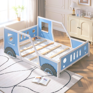 Sunvega Twin Size Blue Classic Car-Shaped Platform Bed with Wheels